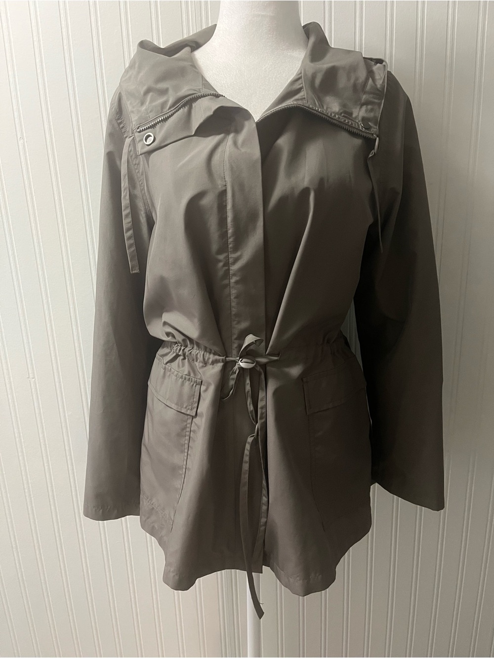 Eileen Fisher Taupe Hooded Drawstring Raincoat